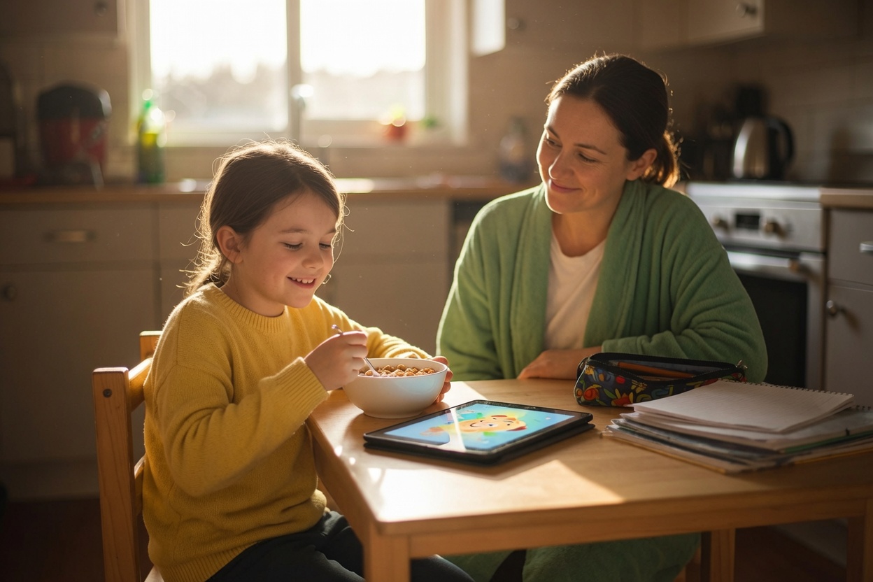 A child eats breakfast at a sunny kitchen table with a practice tablet beside her, her mother sitting nearby.