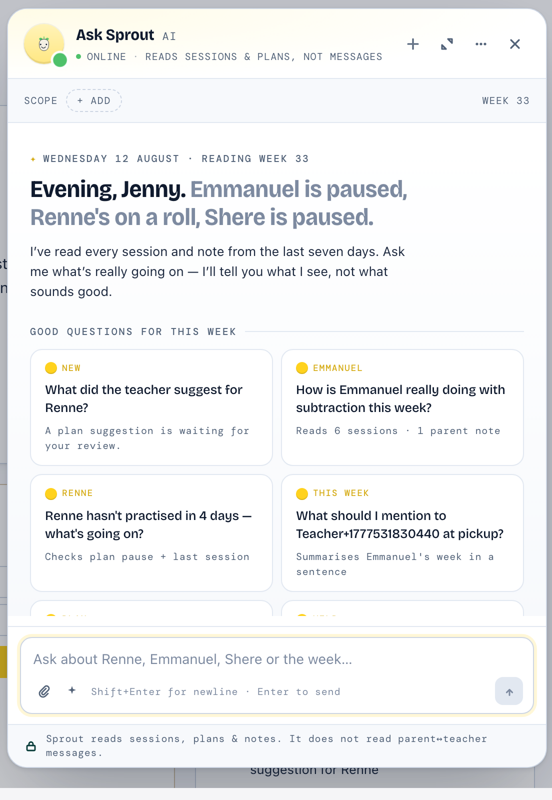 Ask Sprout helping a parent understand their child’s learning
